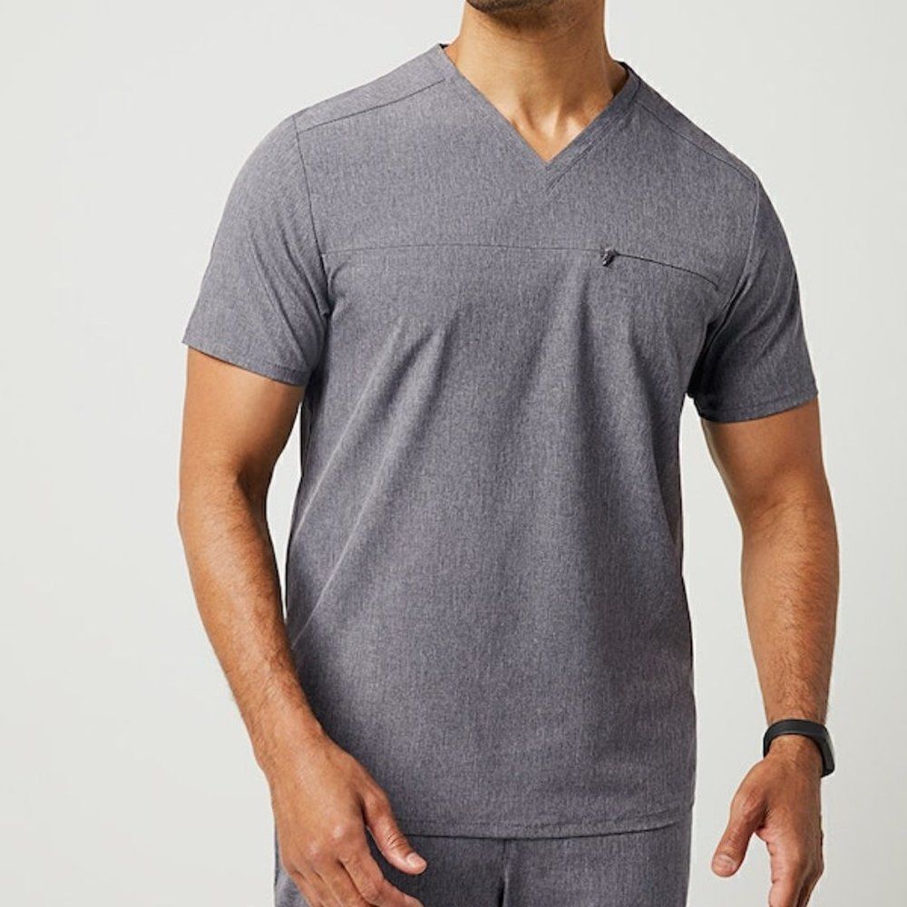 Jaanuu Refined Heathered Gray V-neck Scrub Top Large